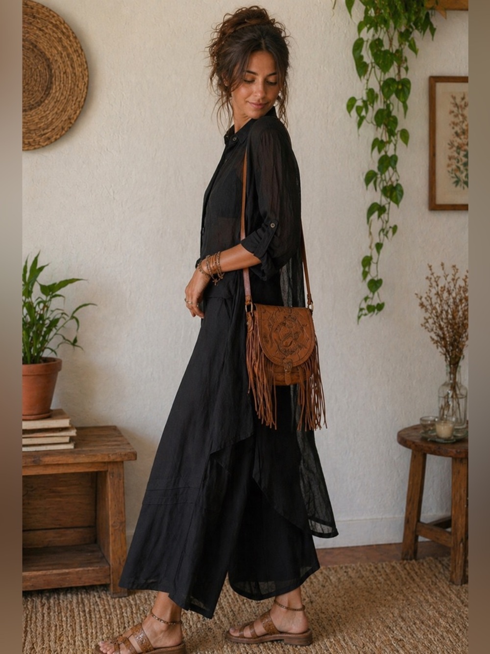 Boho Sheer Black Duster Top • Lightweight Kimono Top Cardigan Size OS NWT - Picture 4 of 8